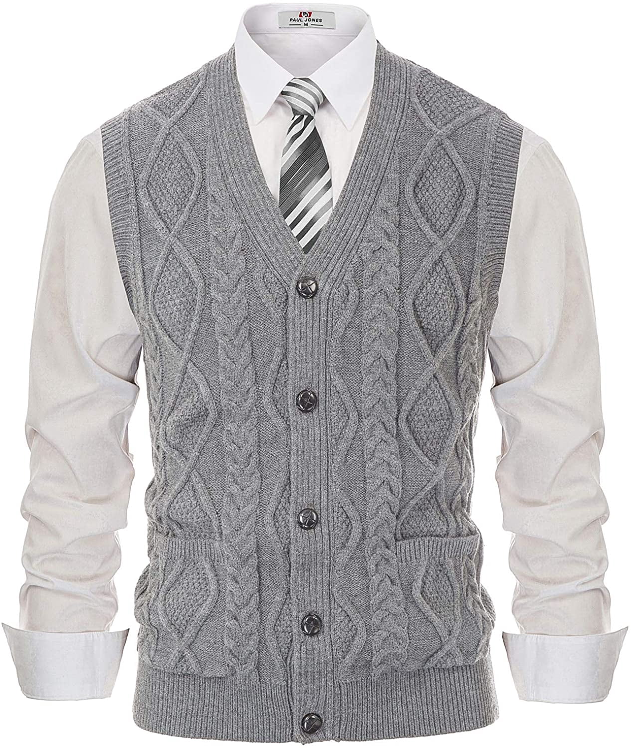 Men's Sweater Vest V-Neck Sleeveless Cable Knitted Cardigan Vest