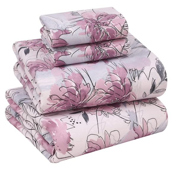 RUVANTI Draps 100 % Coton – Literie Percale Grand Lit, Design Floral Rafraîchissant et Respirant, Durable avec une Sensation Nette, Douce et Confortable, Poche de 16 Pouces, Ensemble 4 Pcs, Floral Lilas