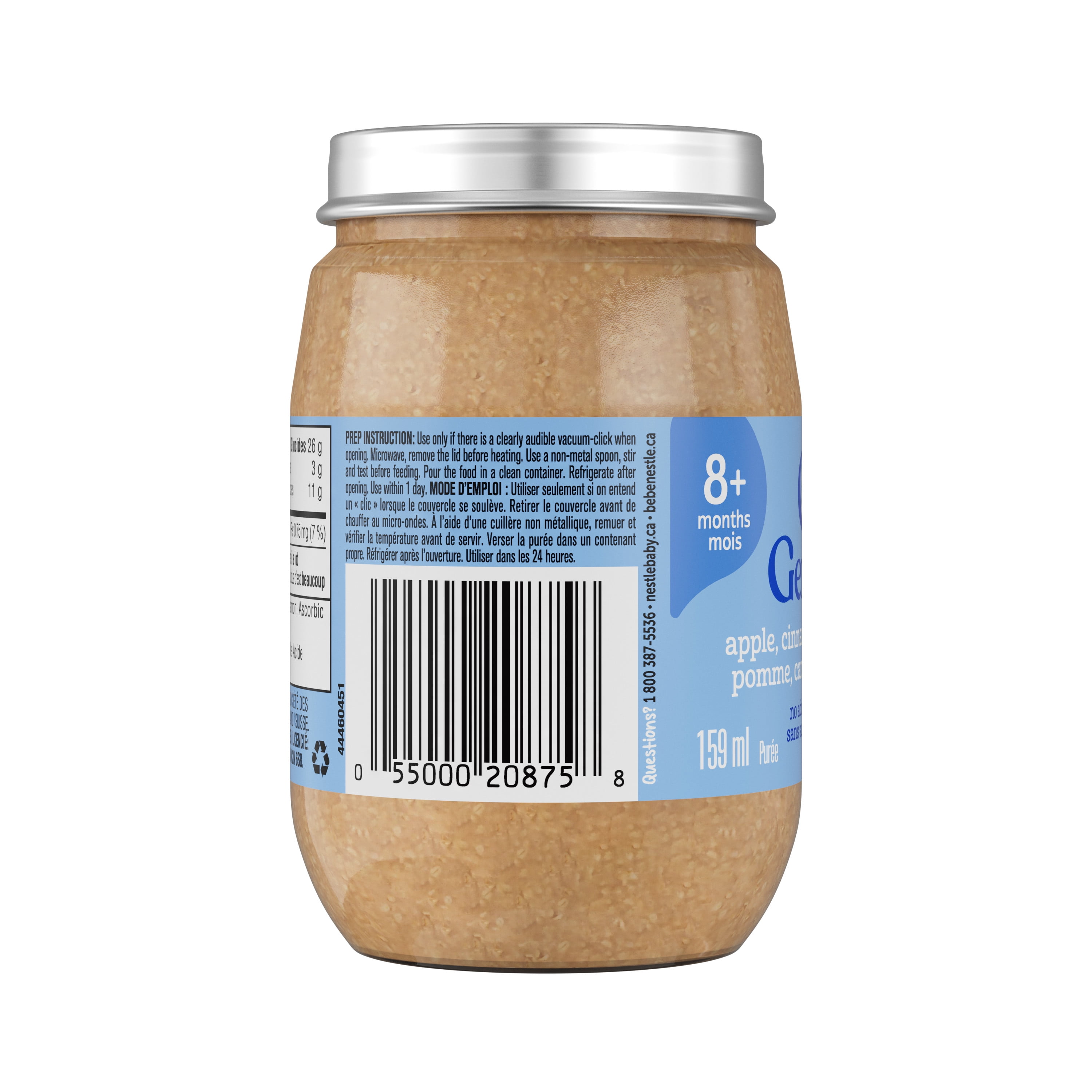 Mealtime Purée de Gruau aux Pommes et à la Cannelle, pour Bébés et Tout-Petits de 8 Mois & Plus, Vrai Fruit, Sans Sucres Ajoutés, Sans OGM, Pot en Verre Refermable & Recyclable