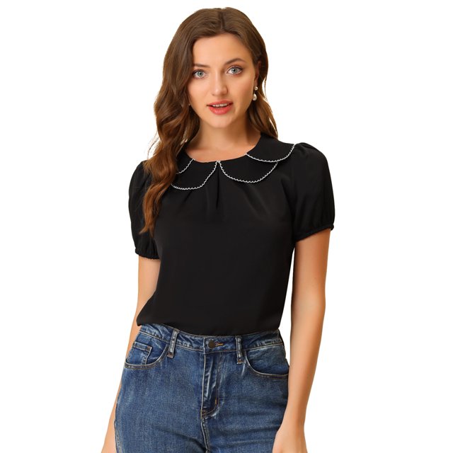 INSPIRE CHIC Blouse à Manches Bouffantes d'Été pour Femme à Col Peter Pan Noir P
