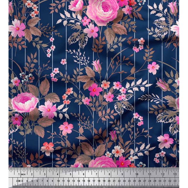 Soimoi Tissu Crêpe Polyester Rayé, Feuilles & Roses Imprimé Floral au Mètre 42 Pouces de Large