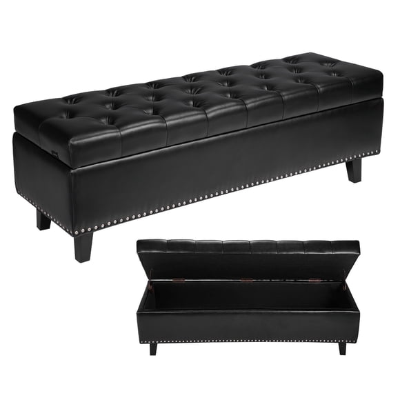 VEVOR Button-Tufted Storage Ottoman Bench PU Leather Bench with Wood Legs Black