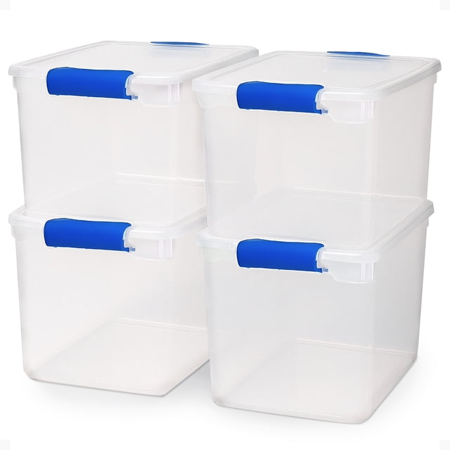 HOMZ 4-Pack 31 Qt Latching Lid, Home & Office Clear Plastic Storage Organizer Bins in blue. The set includes four stackable, clear plastic bins with ergonomic blue latching handles and deep recessed lids for secure stacking. Each bin measures 16.25 x 13 x 12.13 inches, offering 31-quart capacity for storing items like clothing, linens, craft supplies, and seasonal decorations. The see-through design allows easy identification of contents without opening the bins.