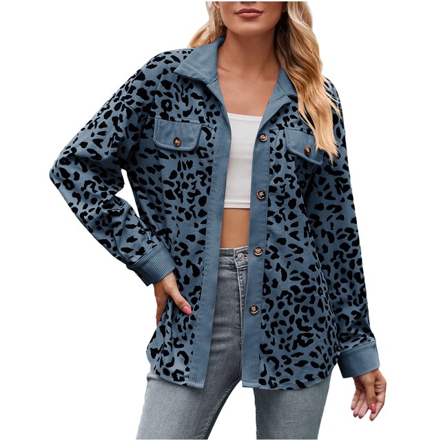 PEZHADA Womens Shacket Jacket New Leopard Print Button Long Sleeve Jacket Shirt Coat with Pocket Blue