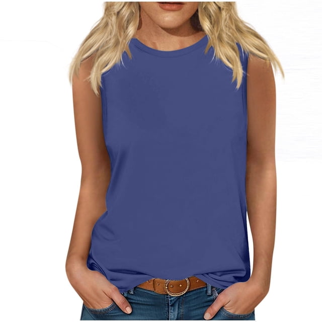 Yuyuzo Sleeveless Tops for Women Round Neck Tank Tops Solid Color Summer T Shirts Loose Basic Shirts