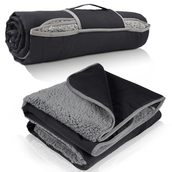 FlyingStar Waterproof Outdoor Blanket with Sherpa Lining, Windproof Triple Layers Warm Comfy Foldable for Camping Stadium, Sports, Picnic, Grass, Concerts and Pet, Red Plaid, Black/Grey, 59''X 79''
