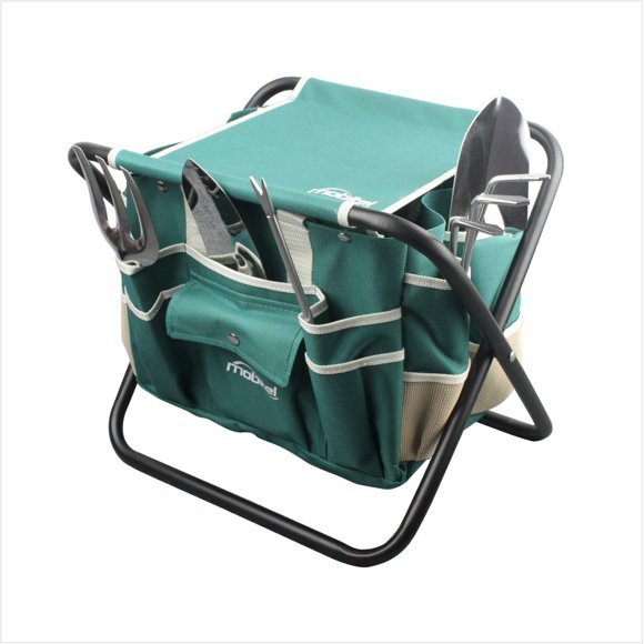 Ensembles d'Outils de Jardin - Trousse d'Outils Cadeaux de Jardinage Robuste Incluant Tabouret Pliant avec Sac à Outils 5 Outils en Acier Inoxydable Robustes (Truelle de Jardin, Transplantoir, Désherbeur et Râteau) pour Femmes Hommes