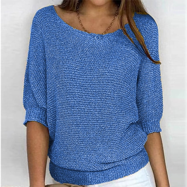 Qertyioot Chandail pour Femme Grande Taille Col Rond Tricot Élégant Manches 3/4 Chemise Confortable