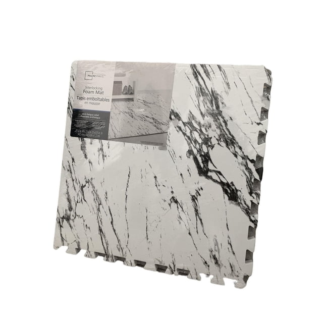 Mainstays Interlocking Foam Mat with white foam and black marble pattern, featuring puzzle-piece edges for easy assembly, measuring 21.4 by 21.4 inches and 0.5 inches thick, providing anti-fatigue relief and floor cushioning, suitable for workout or play areas and easy to clean.
