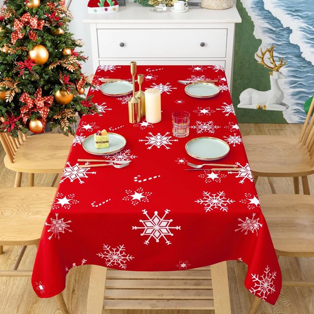 Christmas Decorations Table Cloth Rectangle 60 X 84 Inch Red White Tablecloth - Snowflake Printed Waterproof Tablecloth Decorative for Holiday Party Dinner