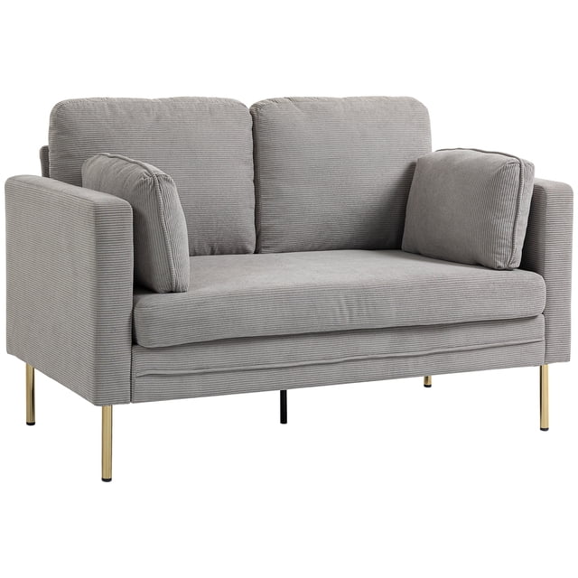 HOMCOM Causeuse 55 Pouces, Petit Canapé Moderne en Velours Côtelé Gris Rembourré avec Deux Coussins et des Pattes Dorées chic. Comprend des Coussins en Mousse Haute Densité, un Cadre en Acier Renforcé et des Patins de Pieds Ajustables pour la Stabilité. design Compact Convenant aux Studios Ou aux Petits Espaces de Vie.