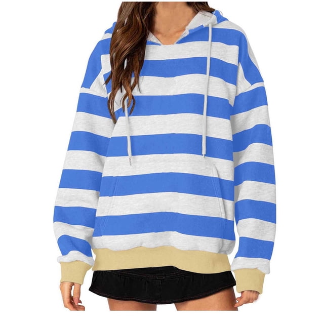 FAIWAD Womens Oversized Striped Hooded Sweatshirt Color Block Long Sleeve Casual Fall Pullover Tops with Pocket