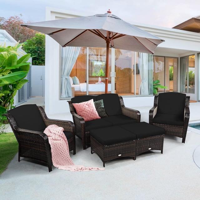 Patiojoy 5 PCS Patio Rattan Sectional Sofa Set Outdoor Furniture Conversation Set Cushioned Loveseat Sofa Ottoman Black