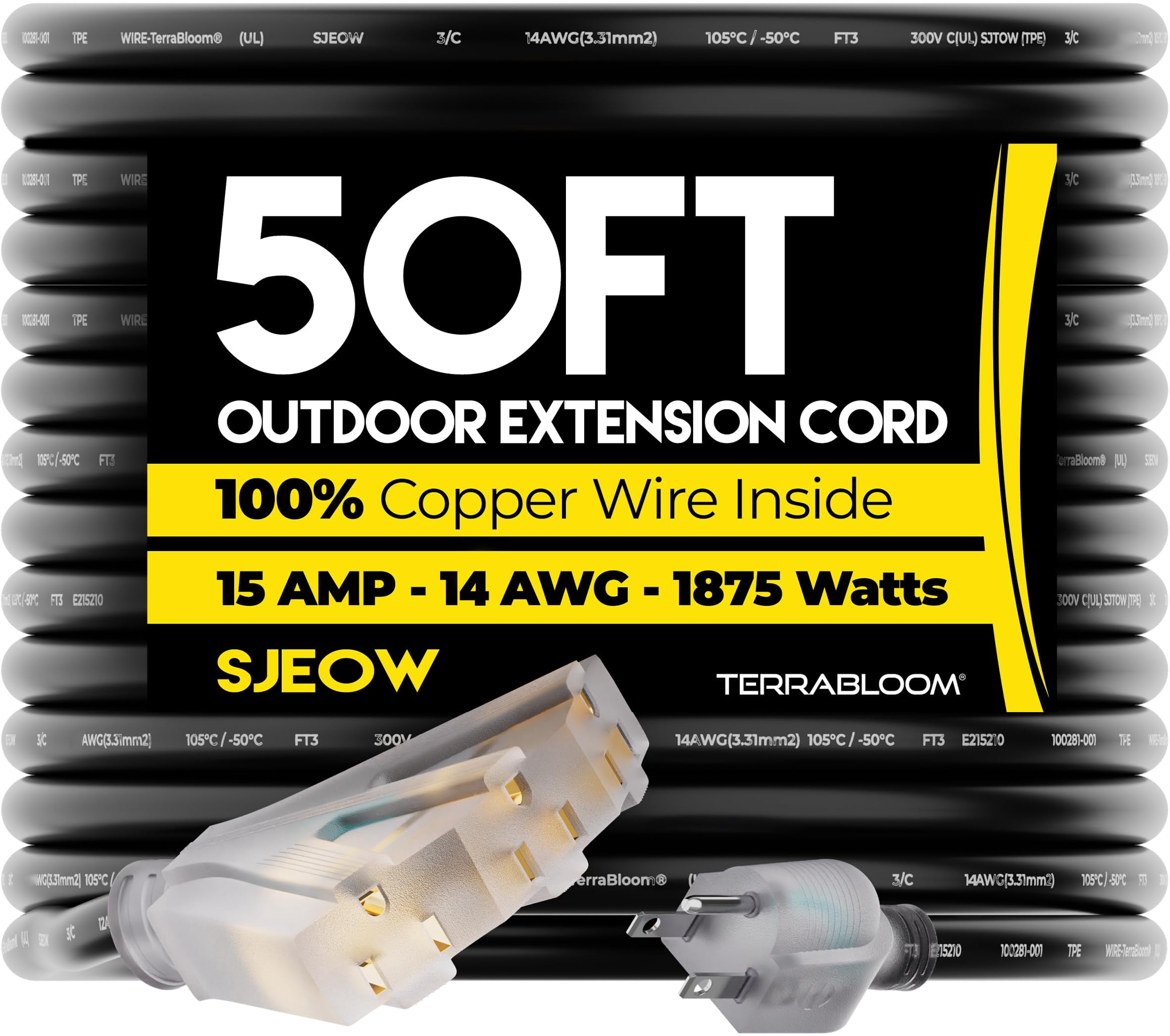 TerraBloom 14/3 Heavy Duty Extension Cord 50 FT Outdoor - Black Outdoor Extension Cord Multiple Outlet - Ultra-Flexible SJEOW Rubber, Light Indicator, Triple Outlet