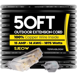 TerraBloom 14/3 Heavy Duty Extension Cord 50 FT Outdoor - Black Outdoor Extension Cord Multiple Outlet - Ultra-Flexible SJEOW Rubber, Light Indicator, Triple Outlet