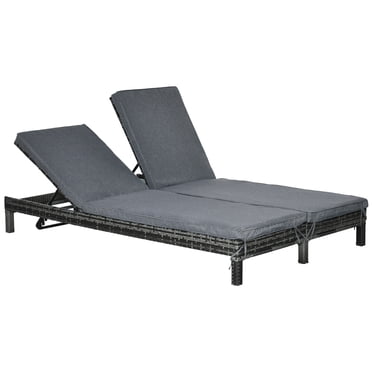 Outsunny Wicker Double Chaise Lounger Chair, Black, Grey