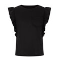 thumbnail image 4 of Pompotops Mode Femmes Décontracté Col Rond Double Couche Poche à Volants Manches Courtes Pull T-Shirt Blouse, 4 of 5