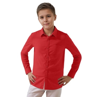 PMVFHDE Robe T-Shirt Enfant Garçons Filles Chemise Uni Manches Longues Tout-Petit Enfants Gentleman Col à Revers Boutons Hauts Rouge,6-7 Ans