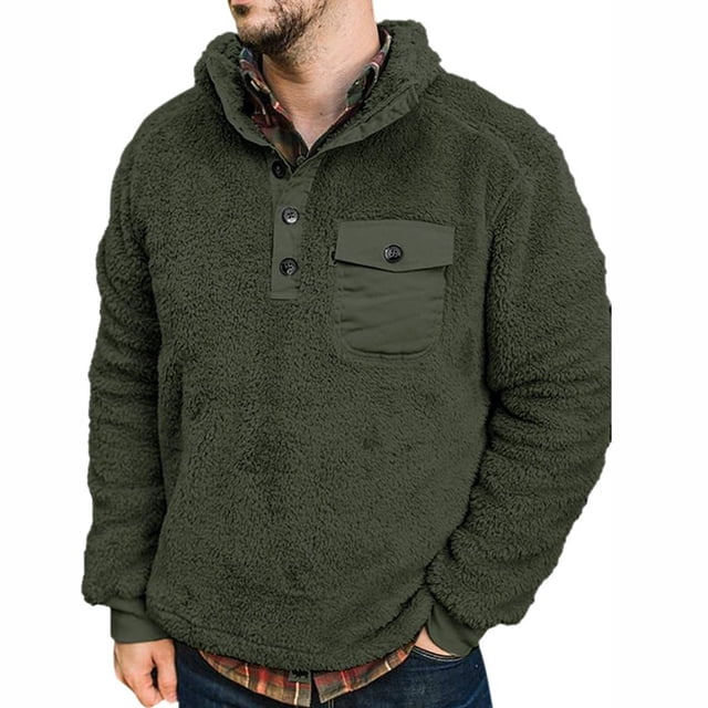 Men‘s Winter Fleece Pullover Sweatshirt Jacket Button Collar Warm Sweater Coat