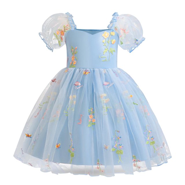 Yanlir Robe d'Été en Dentelle pour Fille, Princesse, à Volants, Sans Manches, Broderie, Tulle, Nœud, Robes; Robe de Fête à Col Rond; Tenue Imprimée Mode Printemps Été pour Enfants (Bleu, 1 An)