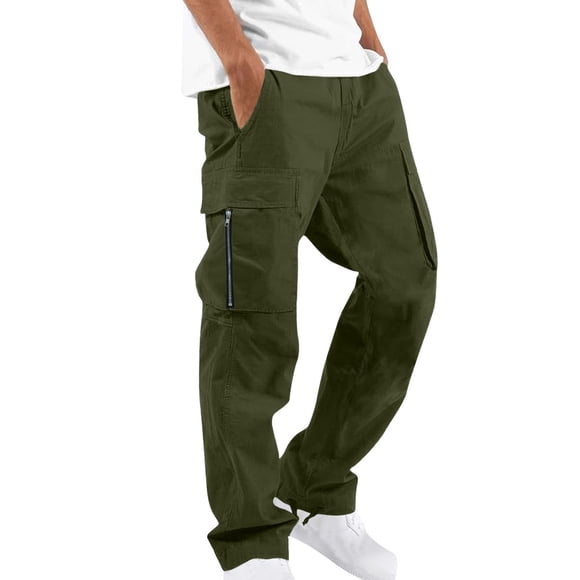 RXIRUCGD Men Casual Solid Multiple Pockets Outdoor Straight Type Fitness Pants Cargo Pants Trousers, Army Green, Size: L