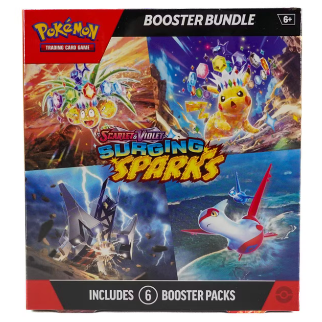 Pokemon TCG - Scarlet & Violet: Surging Sparks Booster Bundle featuring vibrant multicolour artwork of iconic Pokémon like Pikachu and Latias. Includes 6 booster packs of trading cards from the Scarlet & Violet expansion, showcasing electrifying currents and roaring dragons. Packaged in a visually striking box with bold branding and age recommendation of 6+.