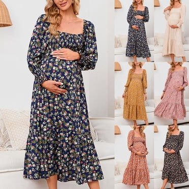 Hinvhai Womens Square Neck Floral Maxi Dress Clearance Puffy Sleeve Flowy Maternity A Line Wrap Dress Baby Shower Maternity Dress Yellow 10(XL)
