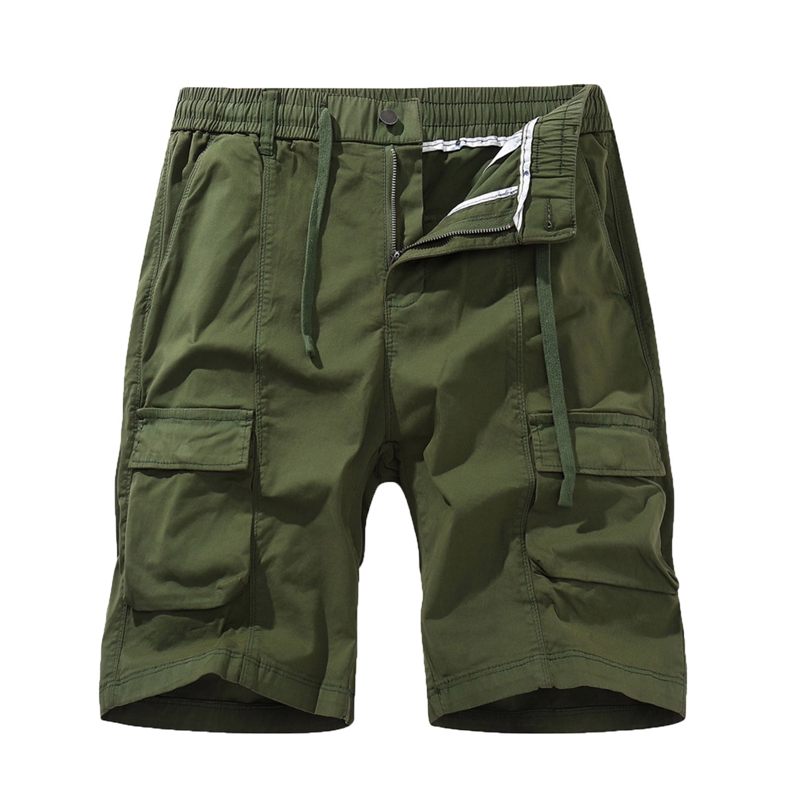 Men Casual Solid Zipper Button Pockets Elastic Waist Cropped Cargo Shorts(Army Green,M)