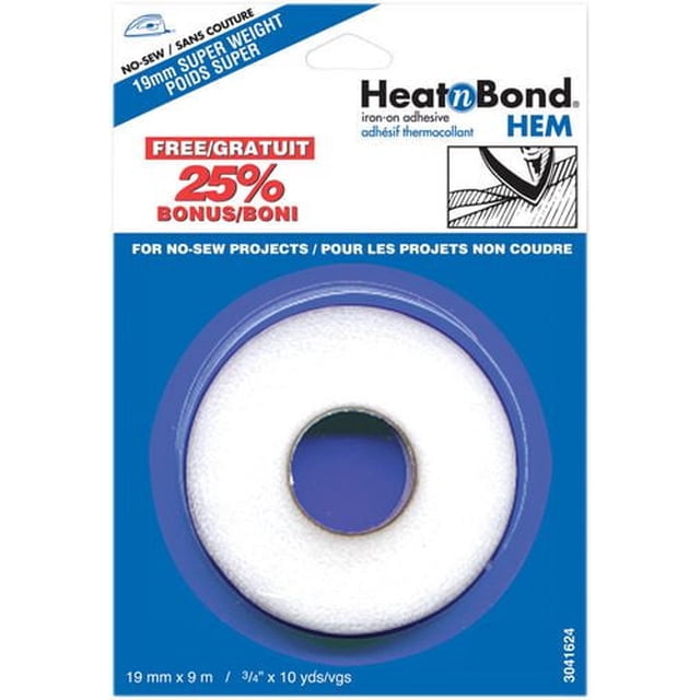 HEATNBOND Hem Fuser Tape, heavy-weight, 19 mm x 9 m (3/4 inch x 10 yards), white fusible hem tape roll in blue and white packaging with bilingual text, designed for no-sew fabric hems and quick garment repairs.