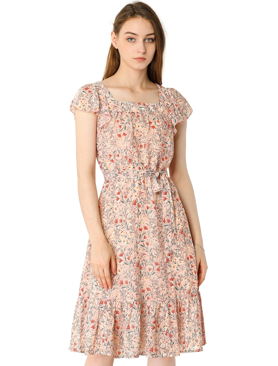 INSPIRE CHIC Women's Floral Print Flutter Sleeves Square Neck Ruffled Hem Dress
