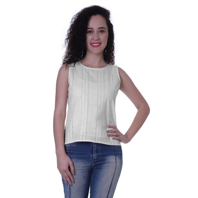 Moomaya Haut Sans Manches Uni pour Femmes Blouse en Schiffli Tunique Décontractée d'Été