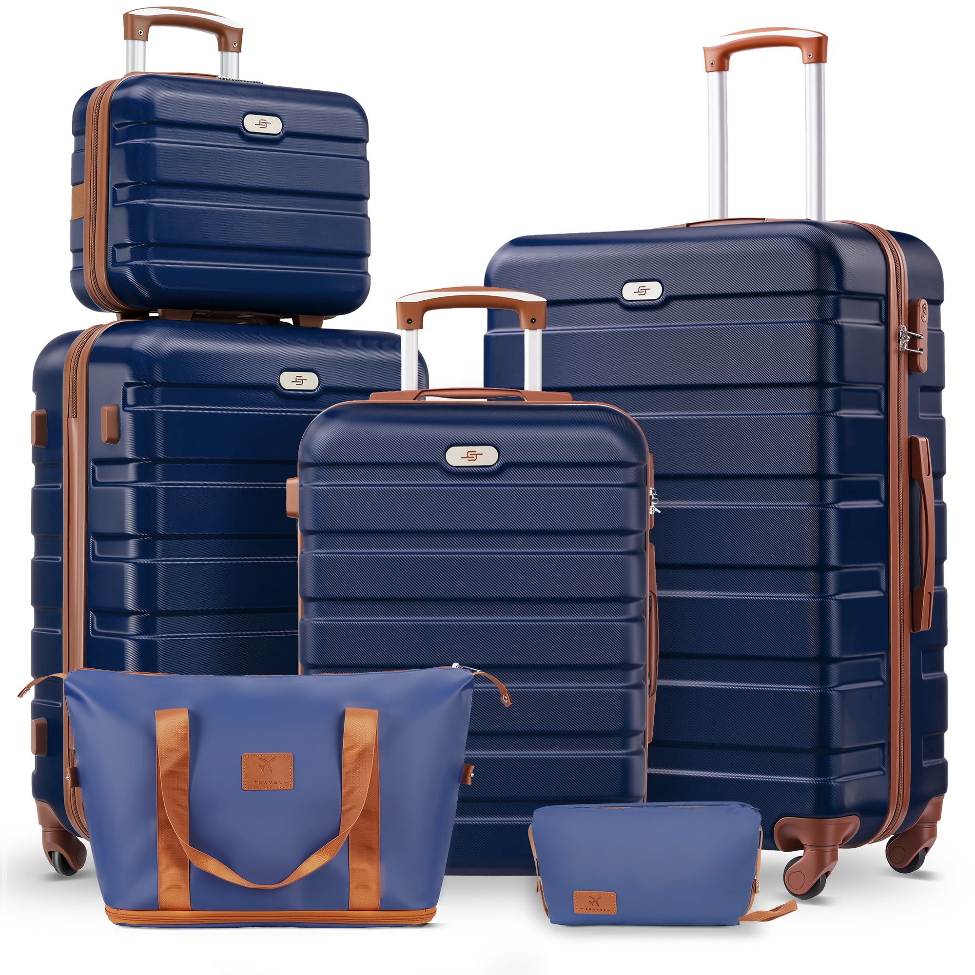 Gowill 6 Piece Luggage Sets,13/20/24/28 inch Hardside Lightweight ABS Suitcase With Expandable Duffle Bag (Navy Blue Tan)