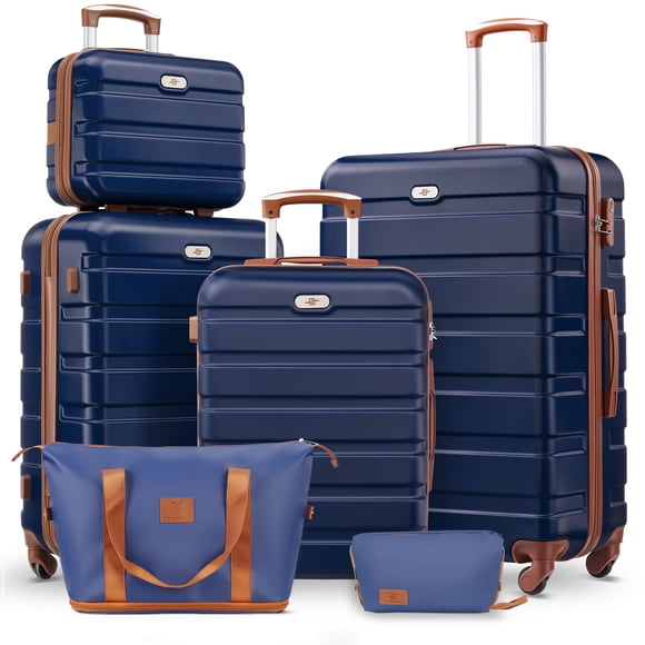 Gowill Ensemble de Bagages 6 Pcs, Valise Rigide Légère en ABS de 13/20/24/28 Pouces avec Sac de Voyage Extensible (Bleu Marine et Beige)