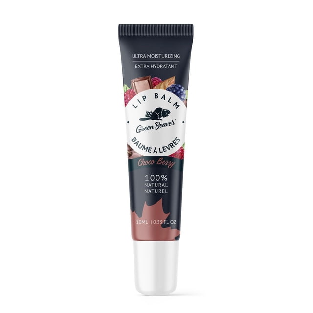 Green Beaver Ultra Moisturizing Lip Balm - Choco-Berry in a 10ml (0.33 fl oz) tube with a black ribbed cap, featuring chocolate and berry illustrations, 100% natural formula for deep hydration and soothing of dry lips, also suitable as a lip treatment.