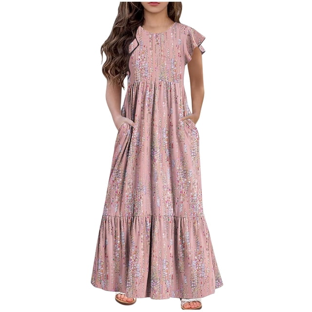 yoeyez Robes pour Filles Taille 7-8 Robe Fleurie en Coton à Volants à Manches Courtes pour Filles, Rose, avec Encolure Ras du Cou, Coupe maxi Fluide à Étages et Poches. la Robe a une Coupe Ample et Décontractée, Convient aux Âges de 8-9 Ans. Parfaite pour les occasions de Printemps et d'Été comme les Événements Formels, les Fêtes, l'École Ou les Vacances.
