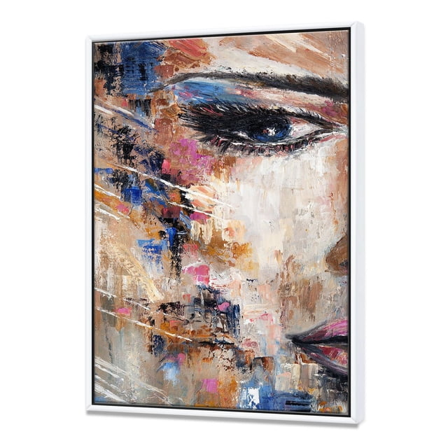Designart Portrait d'Une Jeune Femme IV Cadre Flottant ART Mural Représentant un Gros Plan Portrait Abstrait du Visage d'Une Jeune Femme avec des Coups de Pinceau Texturés en beige, Bleu, Rose et Noir sur Toile en Coton de Qualité Supérieure. la Toile Enveloppée pour Galerie Est Tendue sur un sous-Cadre en Bois de 1 Po et Ensemble dans un Cadre Flottant Blanc, Arrivant Prête à Accrocher et Idéale pour Rehausser la Déco Intérieure Moderne.