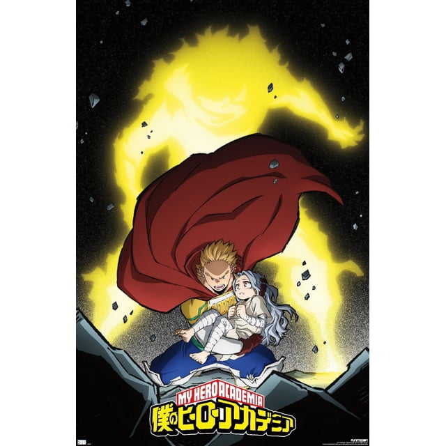 My Hero Academia : Saison 4 - Affiche Murale Visuelle de Mirio Représentant Mirio Togata en Tenue de Héros Bleu et Jaune avec une cape Rouge, Tenant un Personnage Bandé, Entourée d'Une silhouette d'Aura Jaune Lumineuse et de Débris Flottants sur un Fond Sombre, avec le logo My Hero Academia au Bas.