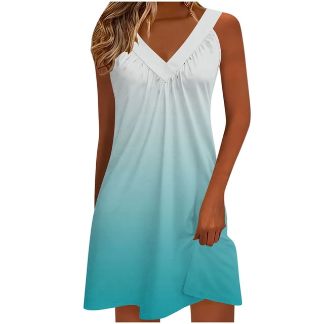 Kyusrd Robe Débardeur d'Été pour Femmes Robe Courte Plissée à Col en V Sans Manches Robe Soleil T-Shirt Robe Trapèze Robe Courte de Plage