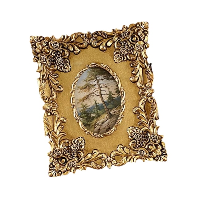 Siruishop Picture Frame Decorative Luxury Photo Frame for Tabletop Living Room Hallway. This vintage-style frame is crafted from premium resin with ornate European-inspired floral detailing in a gold finish. It features an oval photo display area and is suitable for photos, artwork, or portraits. The frame can be wall-mounted or placed on a tabletop, making it ideal for living rooms, bedrooms, or offices. Dimensions: Outer frame 14cm x 15cm (5.51in x 5.91in), photo area 6.5cm x 9cm (2.56in x 3.54in).