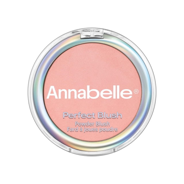 Annabelle Perfect Blush Poudre Sans Talc Blush en Rond compact avec Couvercle Transparent et Bord iridescent, Présentant une Poudre Rose Douce et Facile à Estomper Enrichie en Vitamine E, Idéale pour des Joues Naturelles Éclatantes et Adaptée aux routines de Maquillage Véganes Sans Parabènes.