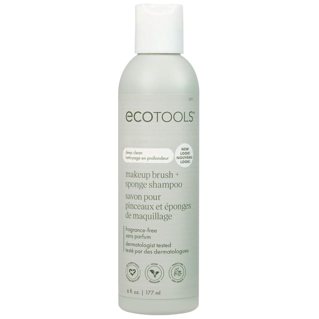 EcoTools Makeup Brush + Sponge Shampoo in a 177 ml frosted plastic bottle with a white flip cap, labelled in English and French, highlighting deep clean, fragrance-free, dermatologist tested, vegan, and cruelty-free features for effective makeup tool cleansing.