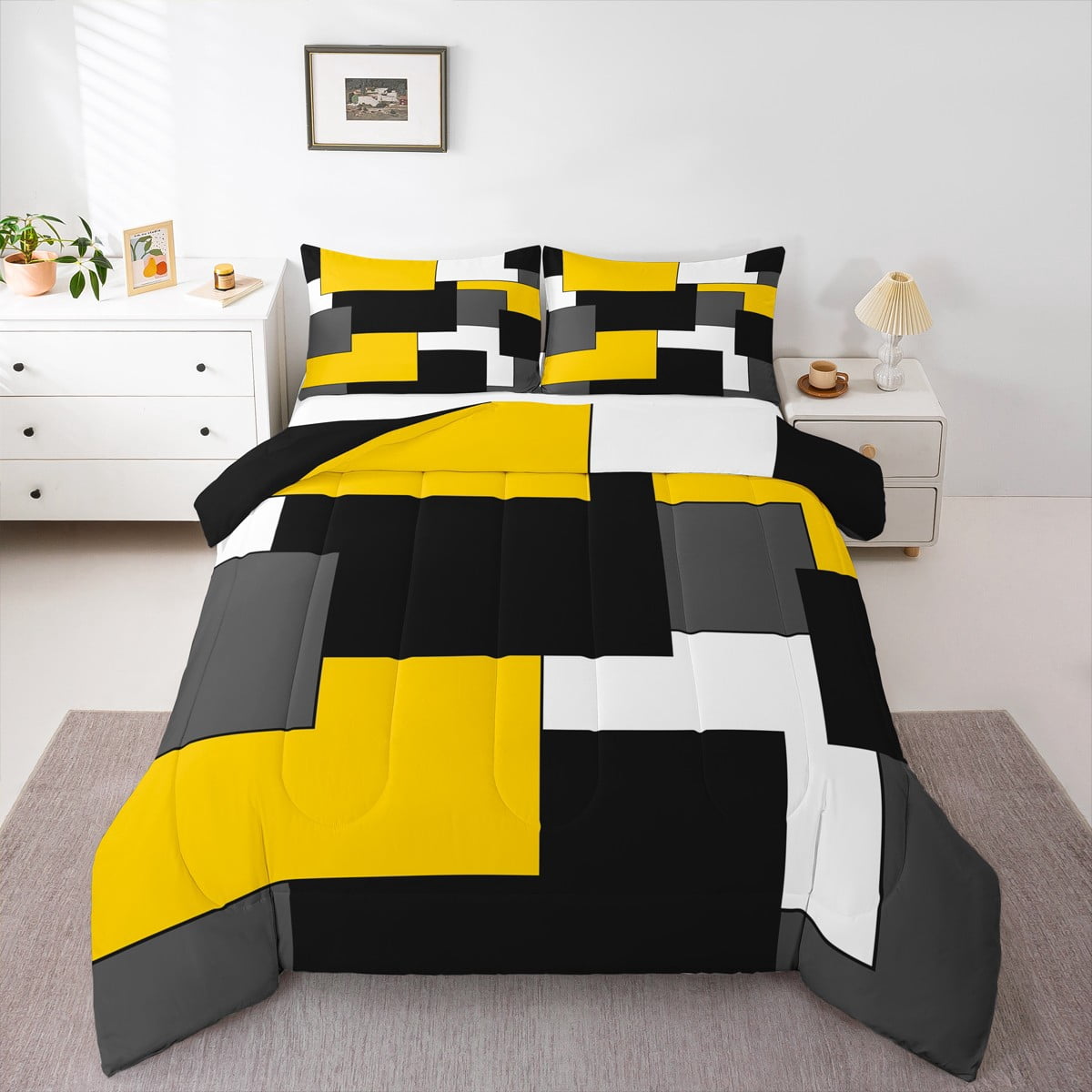 Erosebridal Yellow Geometric Comforter Sets, Chic Rectangle Comforters & Duvets, Modern Fashion Reversible Bedding Comforter Set, Breathable Bedroom Decor, 2pcs