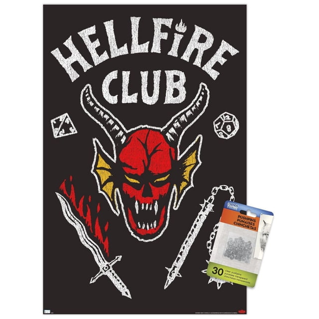 Netflix Stranger Things : Saison 4 - Affiche Murale Hellfire Club, 14,725 Po x 22,375 Po Encadrée, Représentant un Crâne Démoniaque Rouge avec des Oreilles de Chauve-Souris Jaunes et des Cornes Noires sur un Fond Noir, Texte Blanc « Hellfire Club » au-Dessus, Entouré de dés Fantastiques et d'Armes à Contour Blanc Incluant une Épée et une Masse à Picots, avec une Finition Satinée et un Cadre Léger Adapté pour Décorer des Chambres, des Bureaux Ou des