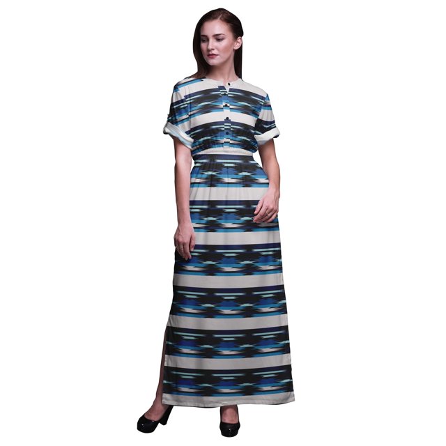 Bimba Rayon Geometric Ikat Ladies Long Gown Boho Beach Cocktail Party Maxi SlitDress-Large
