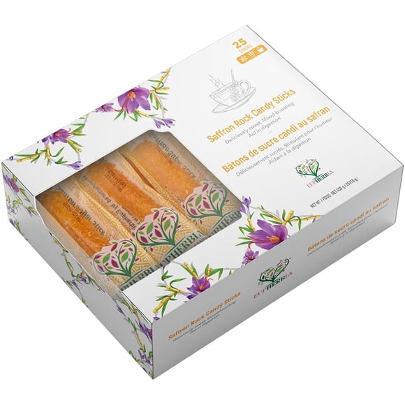 Eupherbia Saffron Rock Candy Bâtons, Douceur Artisanale, Infusés à Saffron, Lot de 25