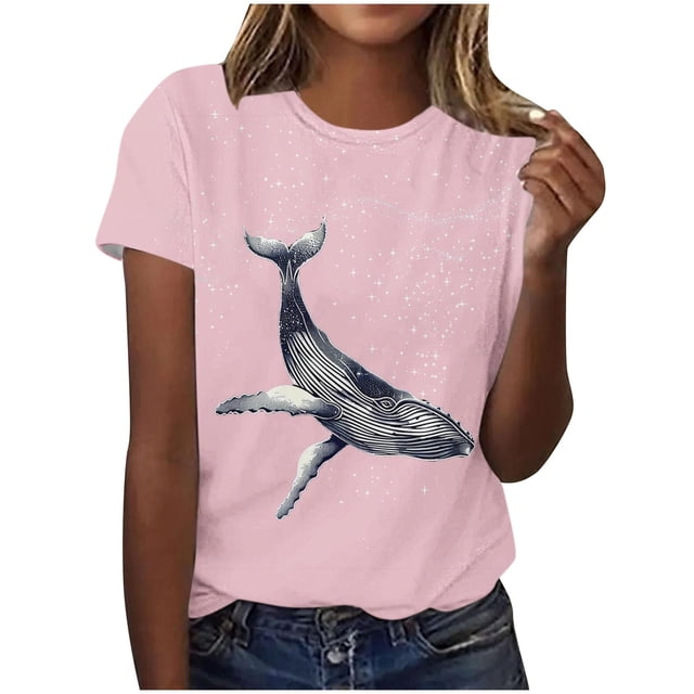 Tnhcen T-Shirt de Base à Manches Courtes d'Été à Col Rond pour Femme avec Imprimé d'Animaux Marins / Extensible, Respirant, Grande Taille (P-3TG) / Décontracté, Plage, Usage Quotidien