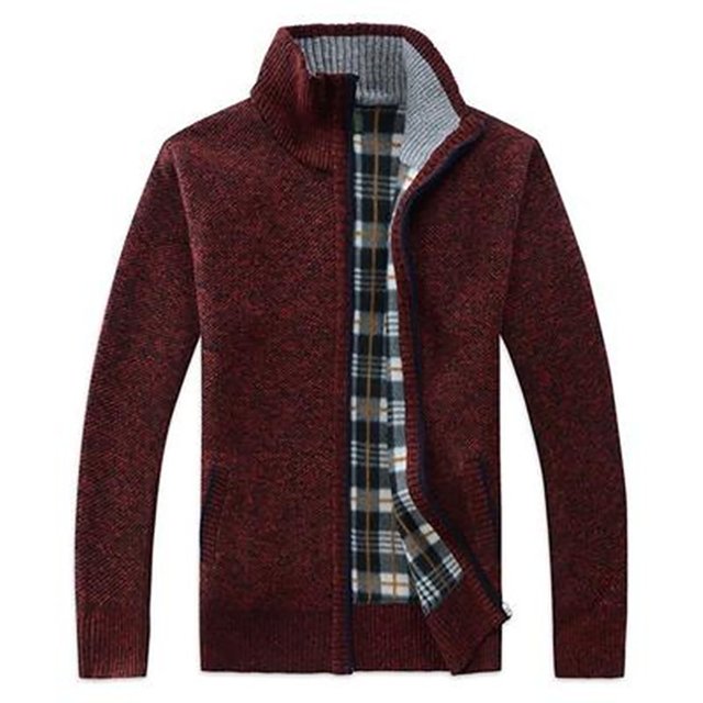 DPTALR Men's Stand Collar Plush Knitting Sweater Long Sleeve Solid Color Zipper Coat