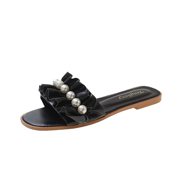 DPTALR Women's Pearl Flat Sole Slippers Holiday Comfortable Flip Flops