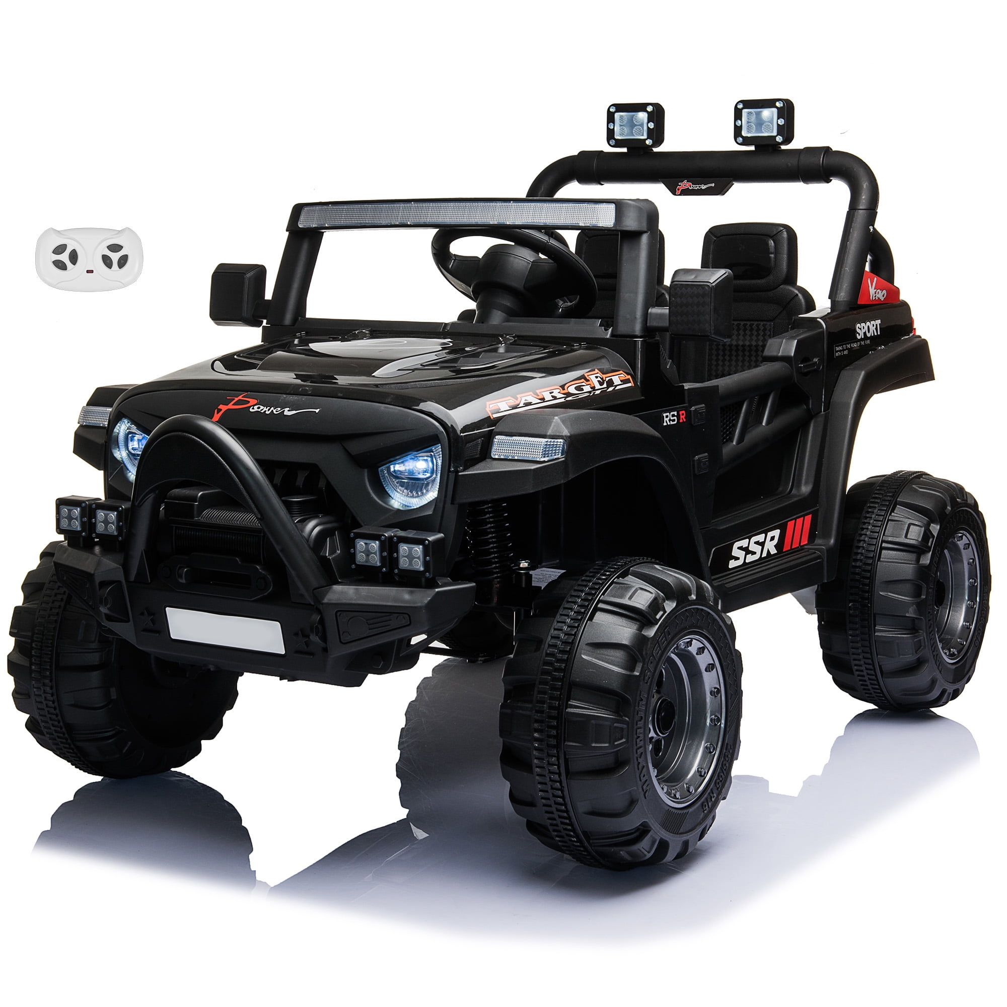 VOLTZ TOYS Jeep with Angry Face Grill 12V Kids Ride On Car Toy with Open Doors, Realistic Lights and Remote Control - Black