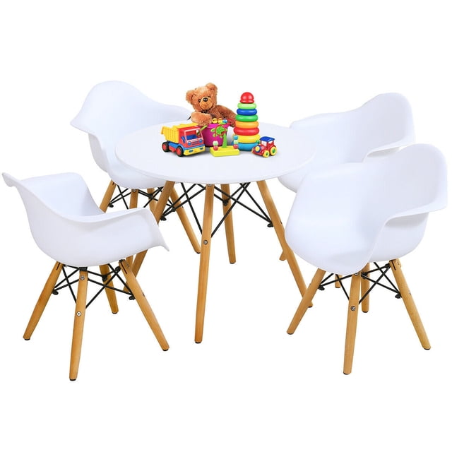 Gymax Ensemble de 5 Chaises Rondes pour Enfants avec 4 Fauteuils à Accoudoirs Blancs, Comprenant une Table Ronde et Quatre Fauteuils Ergonomiques avec Dos Courbés. l'Ensemble Comprend des Pieds en Bois Massif et des Cadres en Fer pour la Durabilité et la Stabilité. la Table Mesure 23,5 Pouces de Diamètre et 20 Pouces de Hauteur, Chaque Chaise Mesure 17 Pouces par 16,5 Pouces par 22 Pouces. Convient aux Enfants de 3 à 12 Ans, l'Ensemble Comprend des Coussinets en Caoutchouc Antidérapants pour Protéger les Planchers et Assurer la Stabilité. des Jouets